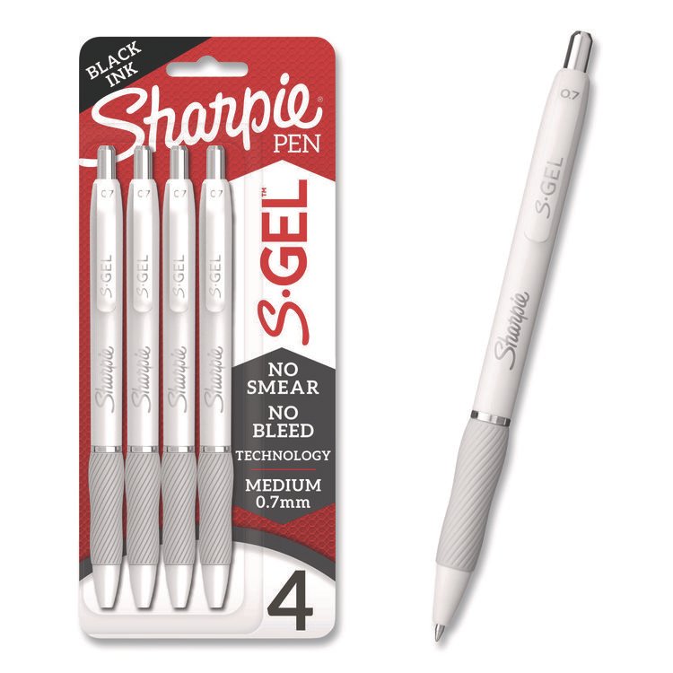Sharpie S-Gel S-Gel Fashion Barrel Gel Pen, Retractable, Medium 0.7 mm, Black Ink, Pearl White Barrel, 4/Pack (SAN2126207)
