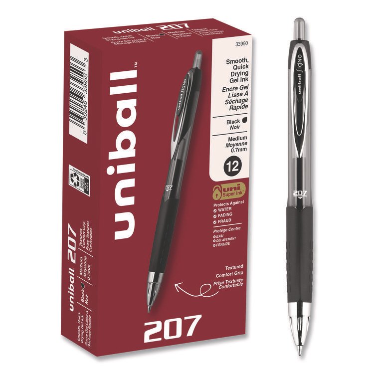 uniball Signo 207 Gel Pen, Retractable, Medium 0.7 mm, Black Ink, Smoke/Black Barrel, Dozen (UBC33950)