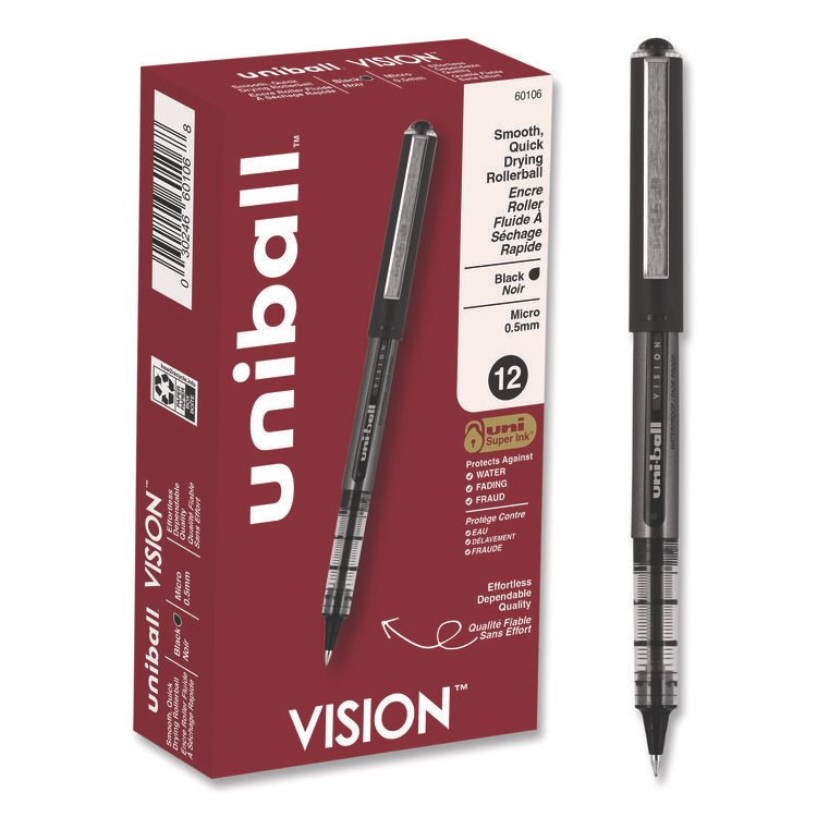uniball VISION Rollerball Pen, Stick, Extra-Fine 0.5 mm, Black Ink, Gray/Black/Clear Barrel, Dozen (UBC60106)