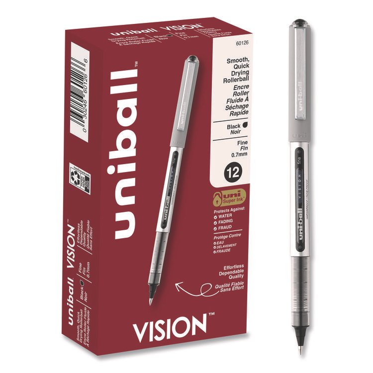 uniball VISION Rollerball Pen, Stick, Fine 0.7 mm, Black Ink, Silver/Black/Clear Barrel, Dozen (UBC60126)