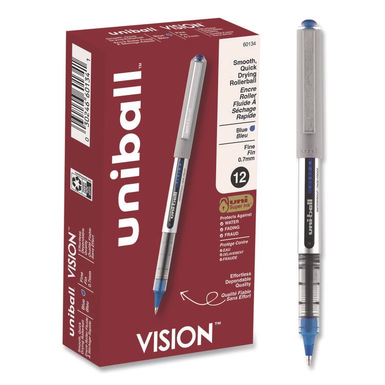 uniball VISION Rollerball Pen, Stick, Fine 0.7 mm, Blue Ink, Silver/Blue/Clear Barrel, Dozen (UBC60134)