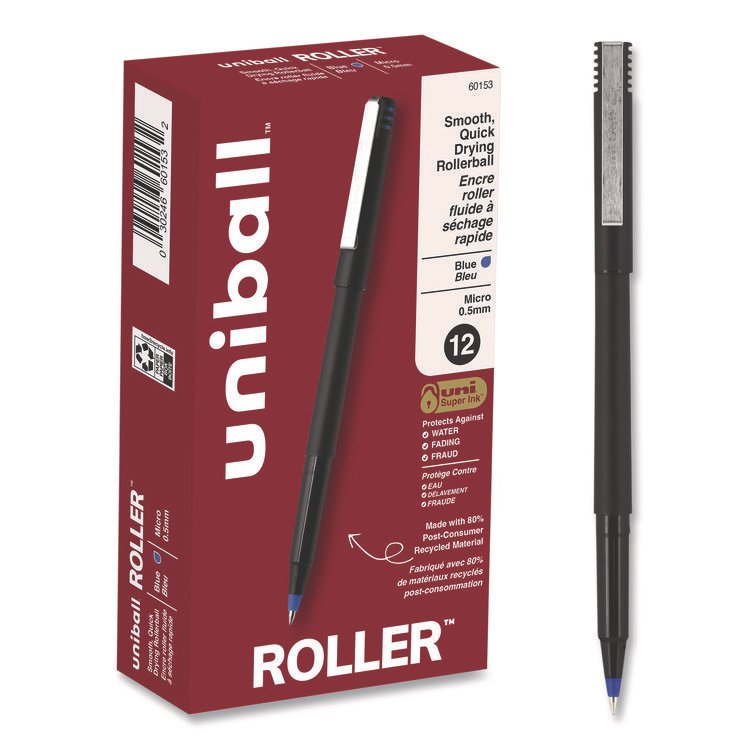 uniball Rollerball Pen, Stick, Extra-Fine 0.5 mm, Blue Ink, Black/Blue Barrel, Dozen (UBC60153)