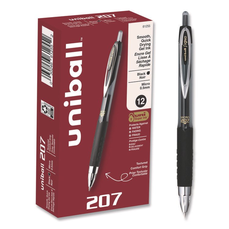 uniball Signo 207 Gel Pen, Retractable, Fine 0.5 mm, Black Ink, Smoke/Black Barrel, Dozen (UBC61255)