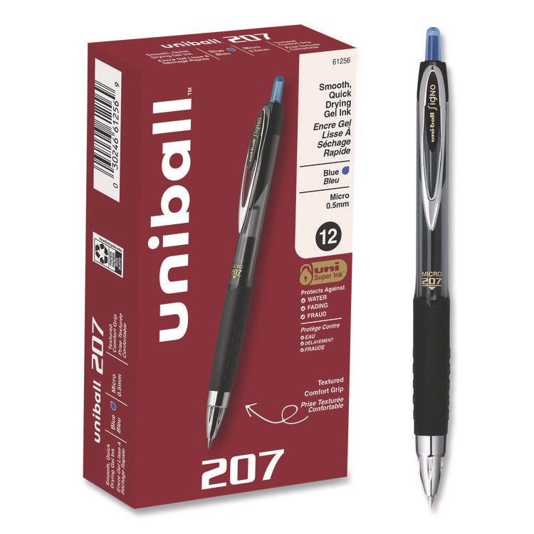 uniball Signo 207 Gel Pen, Retractable, Fine 0.5 mm, Blue Ink, Smoke/Black/Blue Barrel, Dozen (UBC61256)