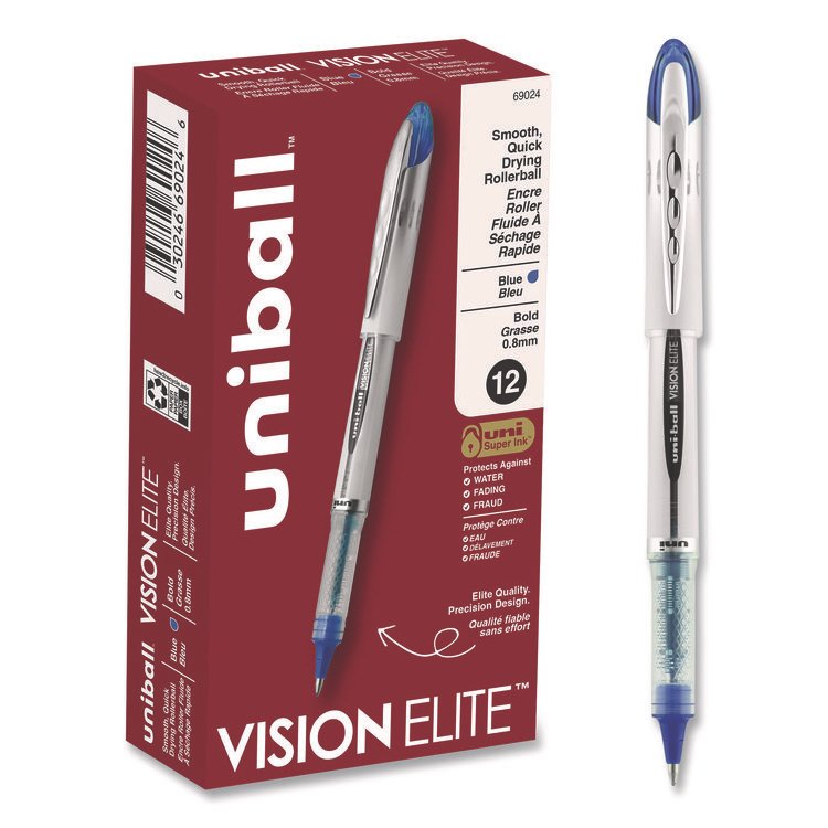 uniball VISION ELITE Hybrid Gel Pen, Stick, Bold 0.8 mm, Blue Ink, White/Blue/Clear Barrel (UBC69024)