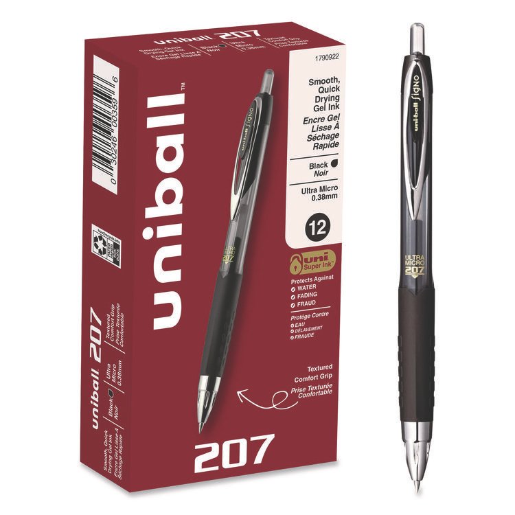 uniball 207 Ultra Micro Gel Pen, Retractable, Ultra-Micro 0.38 mm, Black Ink, Clear/Black Barrel (UBC1790922)