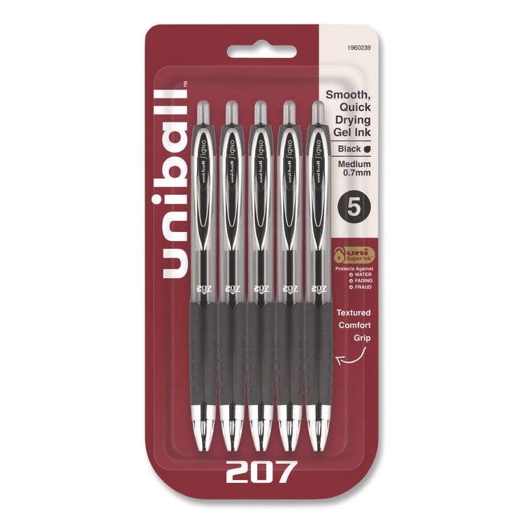 uniball Signo 207 Gel Pen, Retractable, Medium 0.7 mm, Black Ink, Clear/Black Barrel, 5/Pack (UBC1960239)