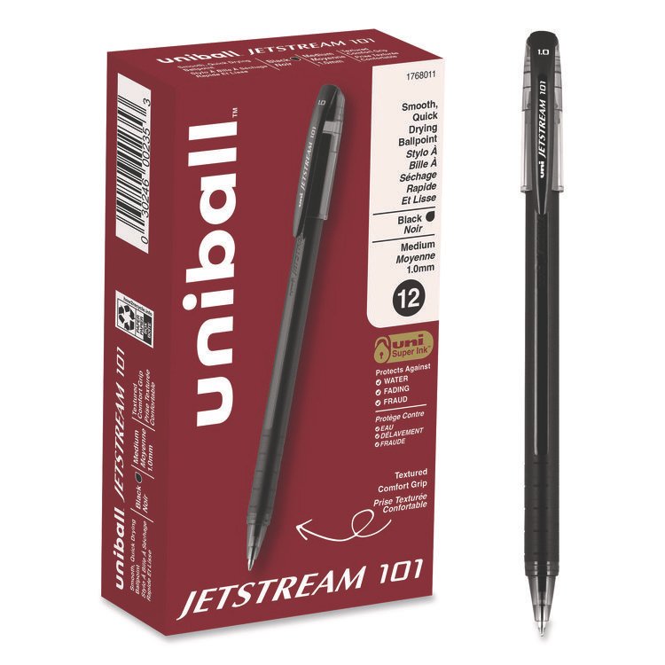 uniball Jetstream 101 Hybrid Gel Pen, Stick, Bold 1 mm, Black Ink, Black Barrel, Dozen (UBC1768011)