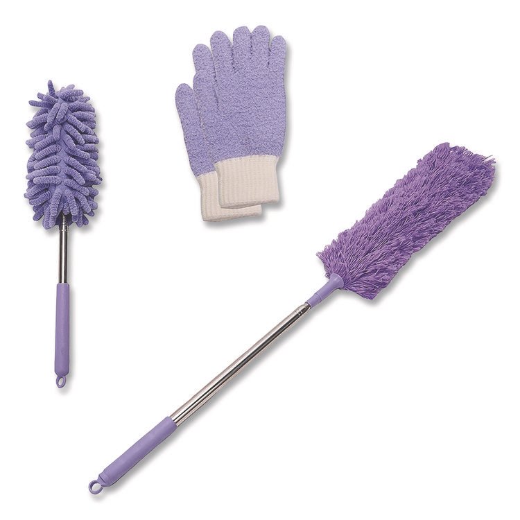 CHAGRINOVATIONS Four-Piece Dusting Set, Extendable Duster, Flexible Wand, 2 Gloves, Purple (CH7TU68125)