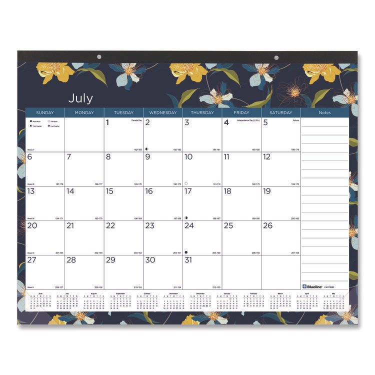Blueline Academic 18-Month Desk Pad Calendar, Floral Artwork, 22 x 17, White/Multicolor Sheets, Black Headband, July 2025 to Dec 2026 (REDCA1716BD)