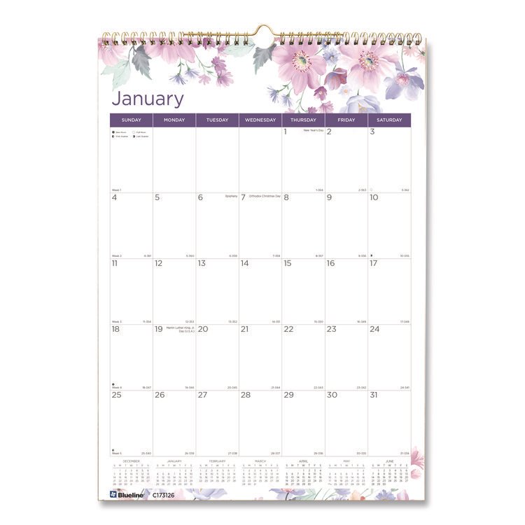 Blueline 12-Month Colorful Wall Calendar, Passion Floral Artwork, 12 x 17, White/Multicolor Sheets, 12-Month (Jan to Dec): 2026 (REDC173126)