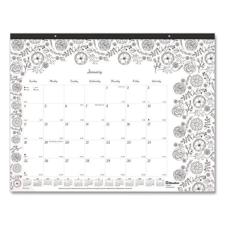 Blueline Monthly Desk Pad Calendar, Monthly Coloring Artwork, 22 x 17, Black Binding, Clear Corners, 12-Month (Jan to Dec): 2026 (REDC2917311)