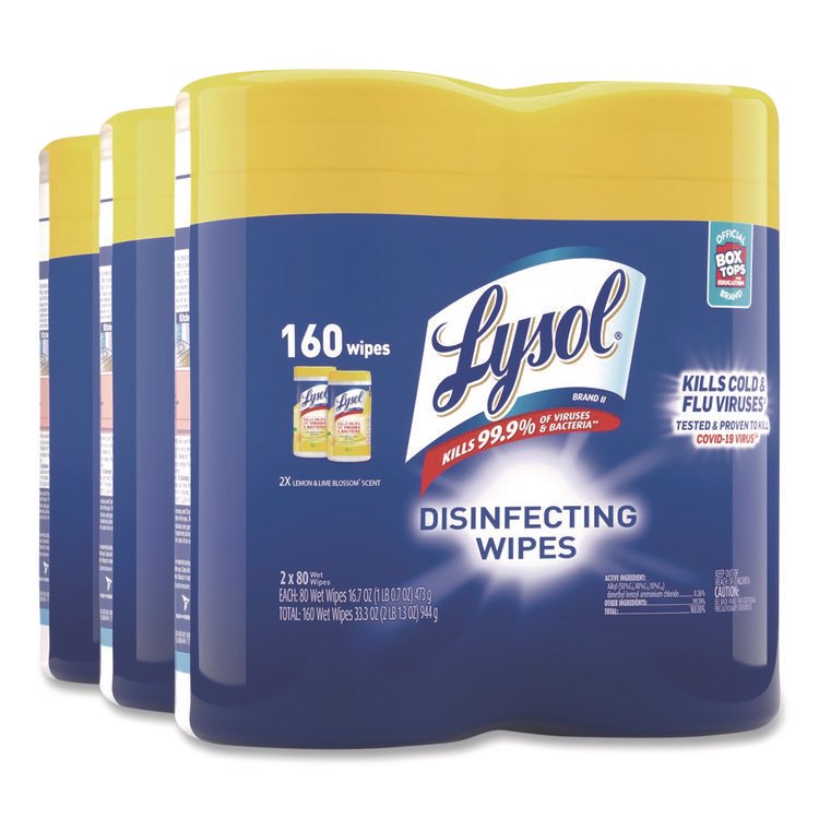 LYSOL Brand Disinfecting Wipes, 1-Ply, 7 x 7.25, Lemon and Lime Blossom, White, 80 Wipes/Canister, 2 Canisters/Pack, 3 Packs/Carton (RAC80296)