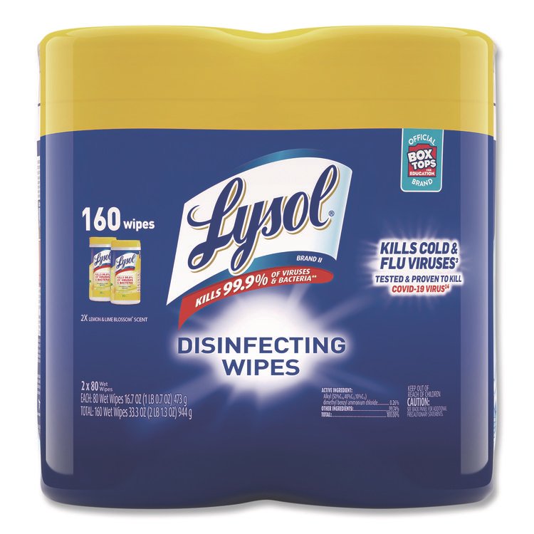 LYSOL Brand Disinfecting Wipes, 1-Ply, 7 x 7.25, Lemon and Lime Blossom, White, 80 Wipes/Canister, 2 Canisters/Pack (RAC80296PK)