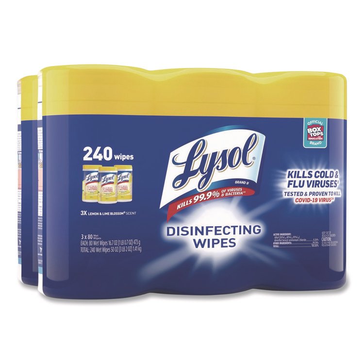 LYSOL Brand Disinfecting Wipes, 1-Ply, 7 x 7.25, Lemon and Lime Blossom, White, 80 Wipes/Canister, 3 Canisters/Pack, 2 Packs/Carton (RAC84251CT)