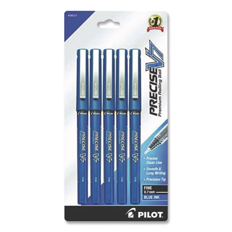 Pilot Precise V7 Rollerball Pen, Stick, Fine 0.7 mm, Blue Ink, Blue/Clear Barrel, 5/Pack (PIL26021)