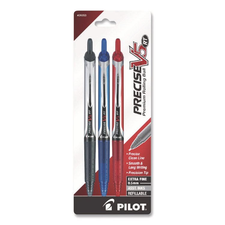 Pilot Precise V5RT Rollerball Pen, Retractable, Extra-Fine 0.5 mm, Assorted Ink and Barrel Colors, 3/Pack (PIL26053)