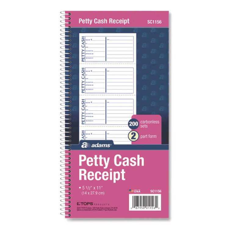 Adams Petty Cash Receipt Book, Two-Part Carbonless, 5 x 2.75, 4 Forms/Sheet, 200 Forms Total (ABFSC1156)