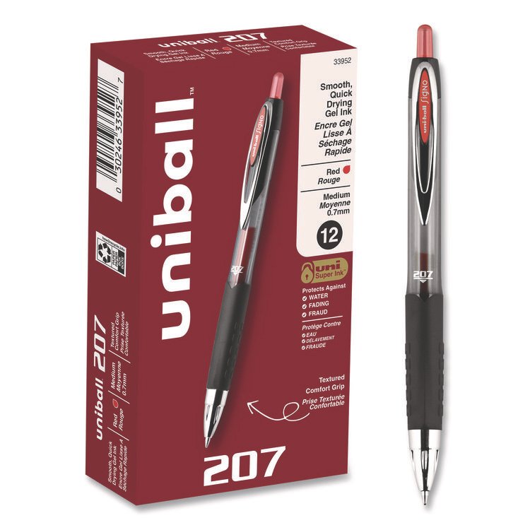 uniball Signo 207 Gel Pen, Retractable, Medium 0.7 mm, Red Ink, Smoke/Black/Red Barrel, Dozen (UBC33952)