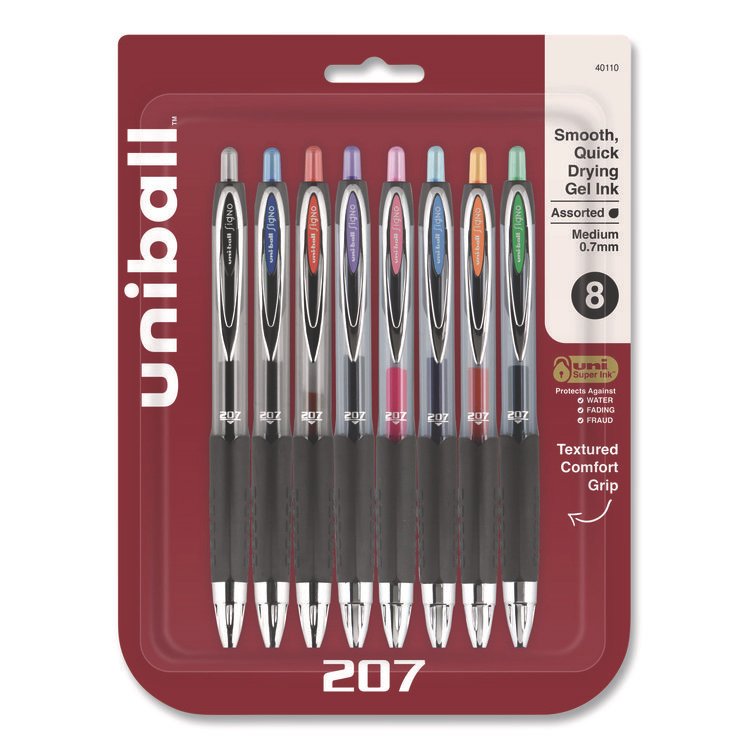 uniball Signo 207 Gel Pen, Retractable, Medium 0.7 mm, Assorted Ink and Barrel Colors, 8/Pack (UBC40110)