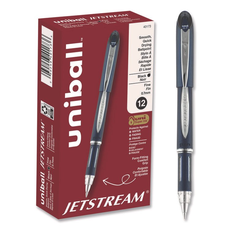 uniball Jetstream Hybrid Gel Pen, Stick, Fine 0.7 mm, Black Ink, Black/Silver Barrel (UBC40173)