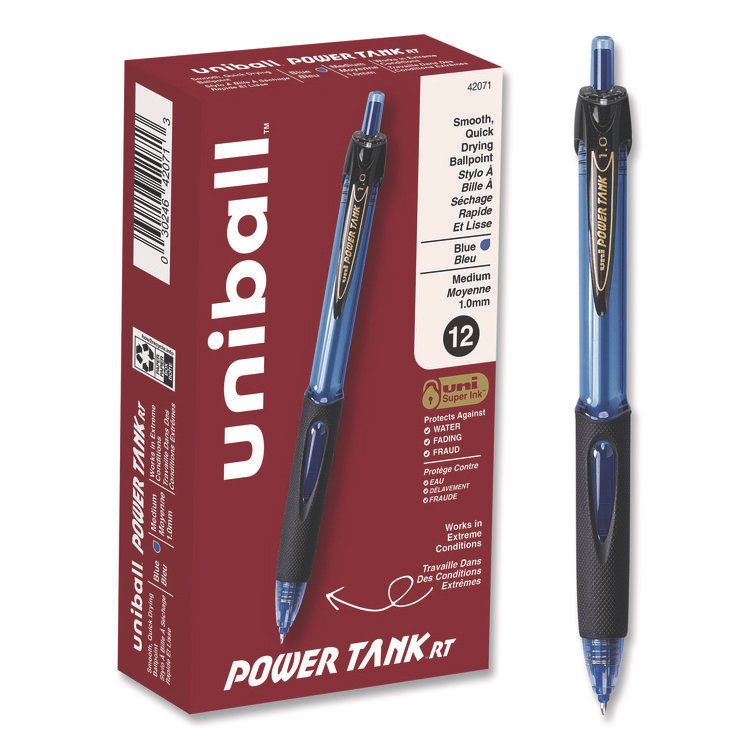 uniball Power Tank RT Ballpoint Pen, Retractable, Bold 1 mm, Blue Ink, Translucent Blue/Black Barrel, Dozen (UBC42071)