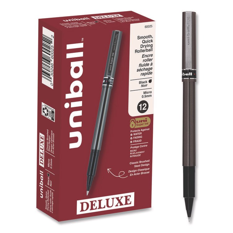 uniball Deluxe Rollerball Pen, Stick, Extra-Fine 0.5 mm, Black Ink, Metallic Gray/Black Barrel, Dozen (UBC60025)