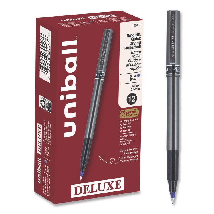 uniball Deluxe Rollerball Pen, Stick, Extra-Fine 0.5 mm, Blue Ink, Metallic Gray/Black/Blue Barrel, Dozen (UBC60027)