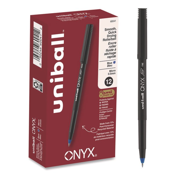 uniball ONYX Rollerball Pen, Stick, Extra-Fine 0.5 mm, Blue Ink, Black/Blue Barrel, Dozen (UBC60041)