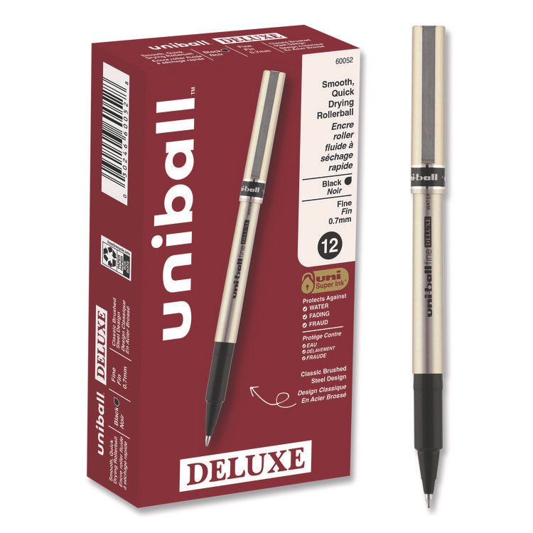 uniball Deluxe Rollerball Pen, Stick, Fine 0.7 mm, Black Ink, Champagne/Black Barrel, Dozen (UBC60052)