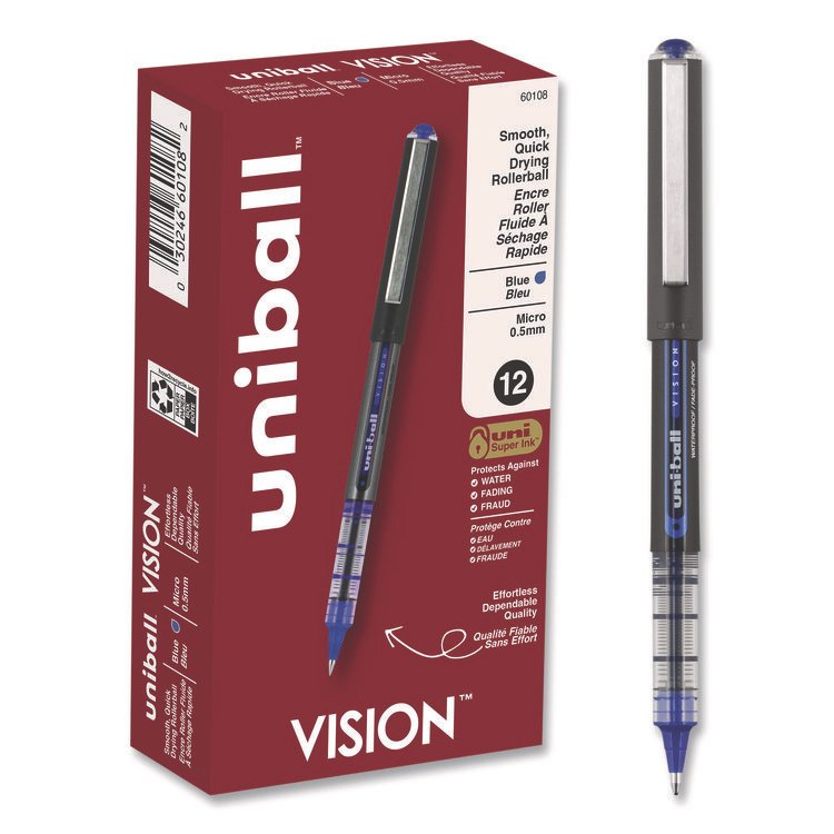 uniball VISION Rollerball Pen, Stick, Extra-Fine 0.5 mm, Blue Ink, Gray/Blue/Clear Barrel, Dozen (UBC60108)
