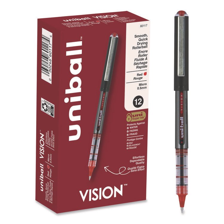 uniball VISION Rollerball Pen, Stick, Extra-Fine 0.5 mm, Red Ink, Gray/Red/Clear Barrel, Dozen (UBC60117)