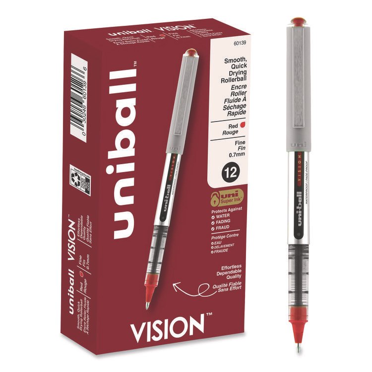 uniball VISION Rollerball Pen, Stick, Fine 0.7 mm, Red Ink, Silver/Red/Clear Barrel, Dozen (UBC60139)