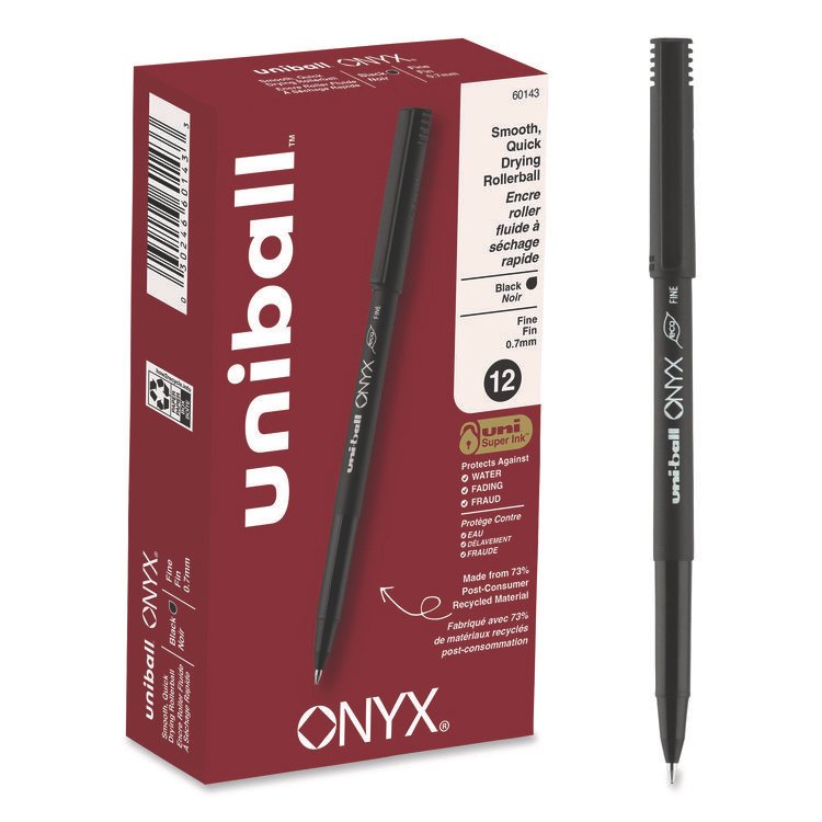 uniball ONYX Rollerball Pen, Stick, Fine 0.7 mm, Black Ink, Black Barrel, Dozen (UBC60143)