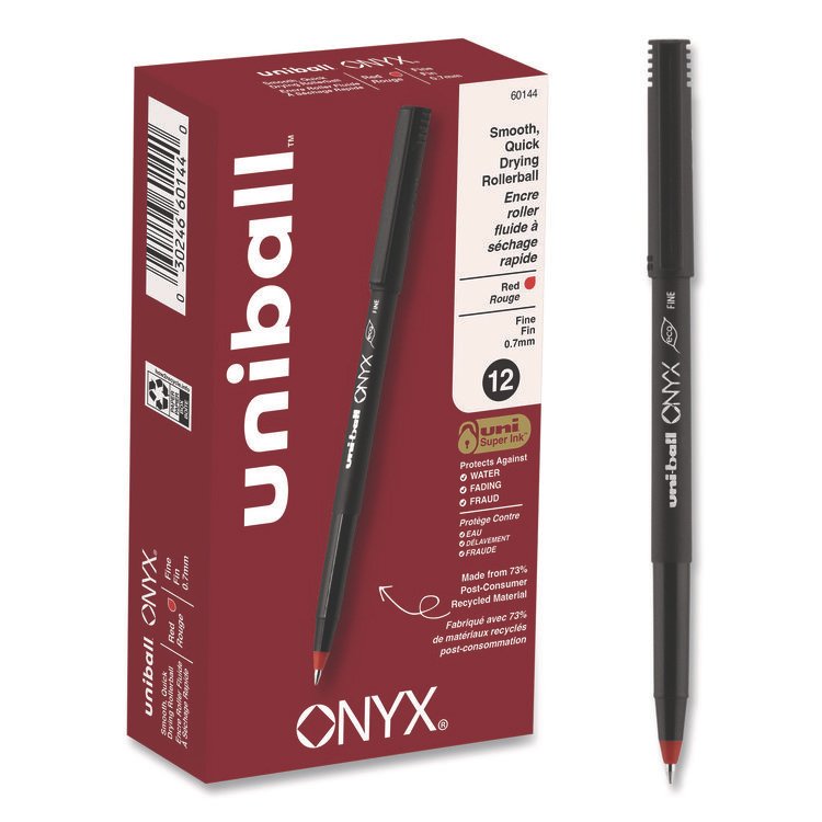uniball ONYX Rollerball Pen, Stick, Fine 0.7 mm, Red Ink, Black/Red Barrel, Dozen (UBC60144)