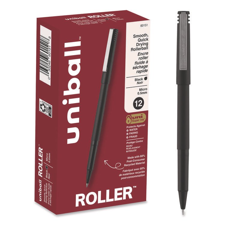 uniball Rollerball Pen, Stick, Extra-Fine 0.5 mm, Black Ink, Black Barrel, Dozen (UBC60151)