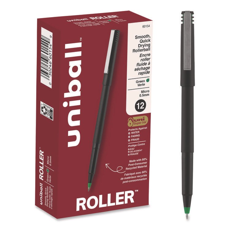 uniball Rollerball Pen, Stick, Extra-Fine 0.5 mm, Green Ink, Black/Green Barrel, Dozen (UBC60154)