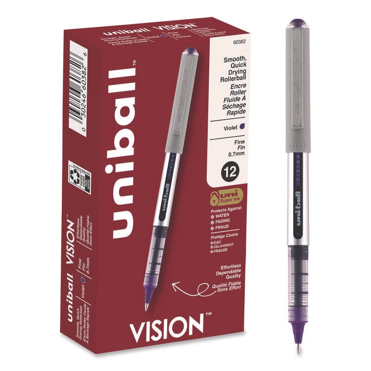 uniball VISION Rollerball Pen, Stick, Fine 0.7 mm, Violet Ink, Silver/Violet/Clear Barrel, Dozen (UBC60382)