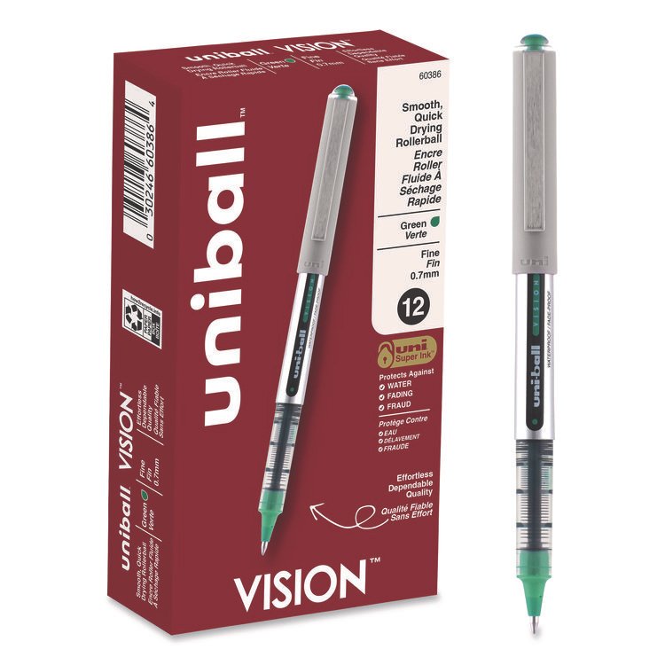 uniball VISION Rollerball Pen, Stick, Fine 0.7 mm, Green Ink, Silver/Green/Clear Barrel, Dozen (UBC60386)