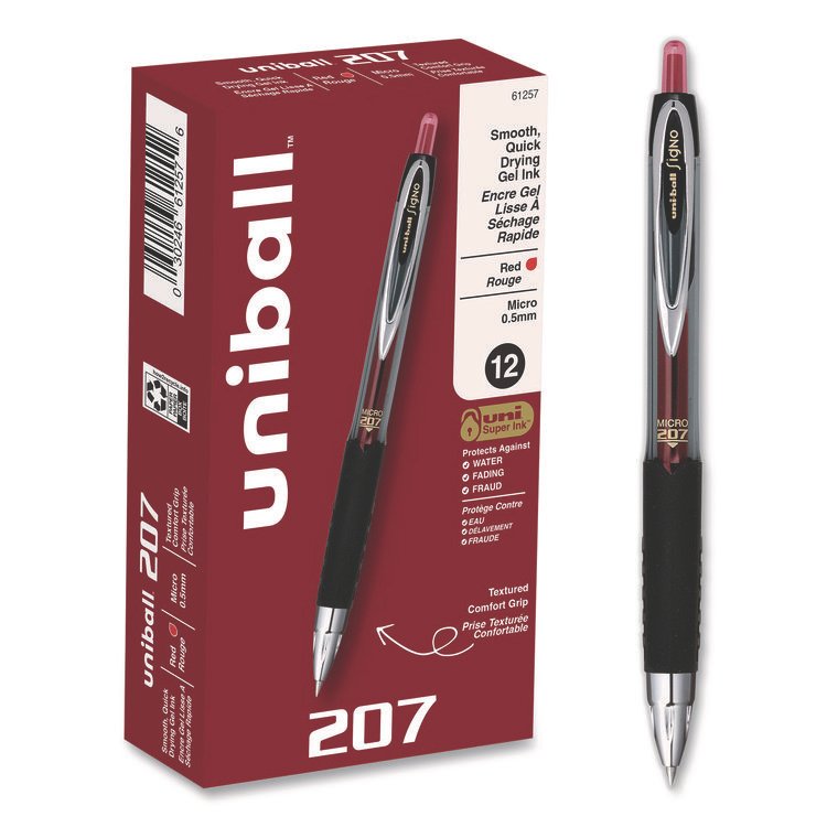 uniball Signo 207 Gel Pen, Retractable, Fine 0.5 mm, Red Ink, Smoke/Black/Red Barrel, Dozen (UBC61257)