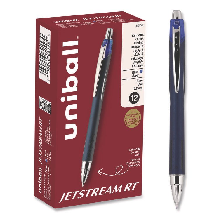 uniball Jetstream Hybrid Gel Pen, Retractable, Fine 0.7 mm, Blue Ink, Blue/Silver Barrel (UBC62153)