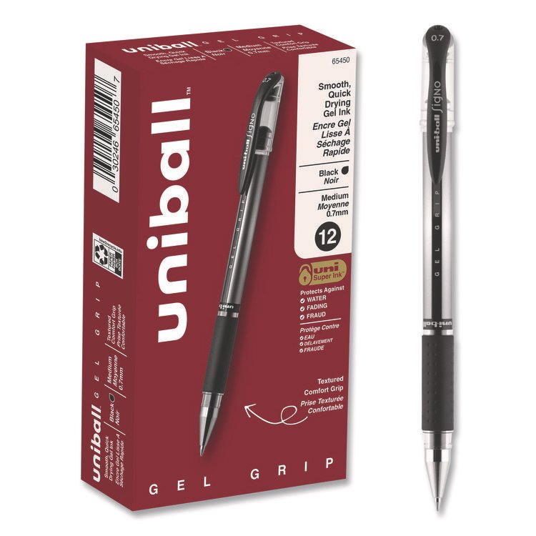uniball Signo GRIP Gel Pen, Stick, Medium 0.7 mm, Black Ink, Clear/Black/Silver Barrel, Dozen (UBC65450)