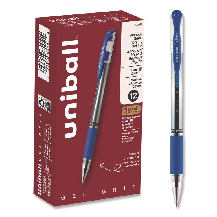 uniball Signo GRIP Gel Pen, Stick, Medium 0.7 mm, Blue Ink, Clear/Blue/Silver Barrel, Dozen (UBC65451)