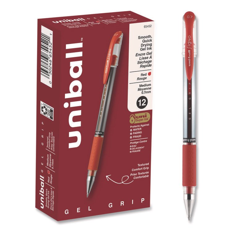 uniball Signo GRIP Gel Pen, Stick, Medium 0.7 mm, Red Ink, Clear/Red/Silver Barrel, Dozen (UBC65452)