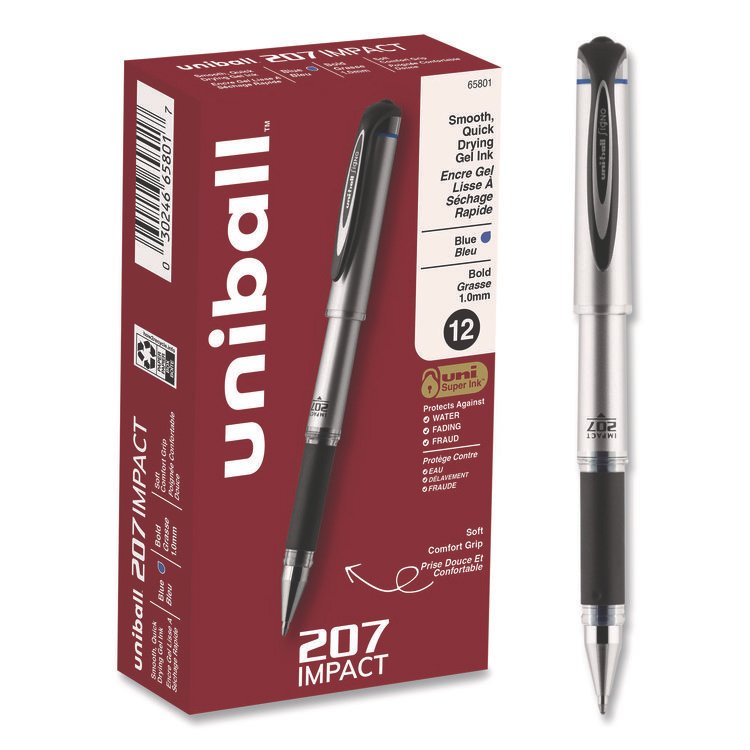 uniball 207 Impact Gel Pen, Stick, Bold 1 mm, Blue Ink, Silver/Black/Blue Barrel (UBC65801)