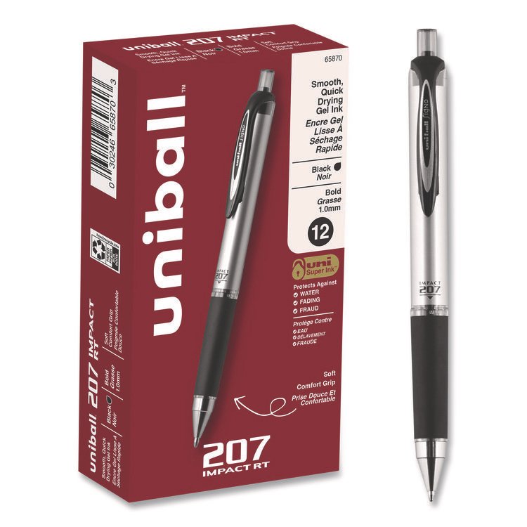 uniball 207 Impact Gel Pen, Retractable, Bold 1 mm, Black Ink, Black Barrel (UBC65870)