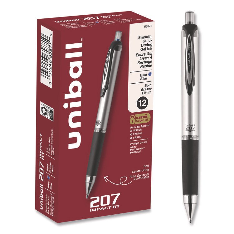 uniball 207 Impact Gel Pen, Retractable, Bold 1 mm, Blue Ink, Black/Blue Barrel (UBC65871)