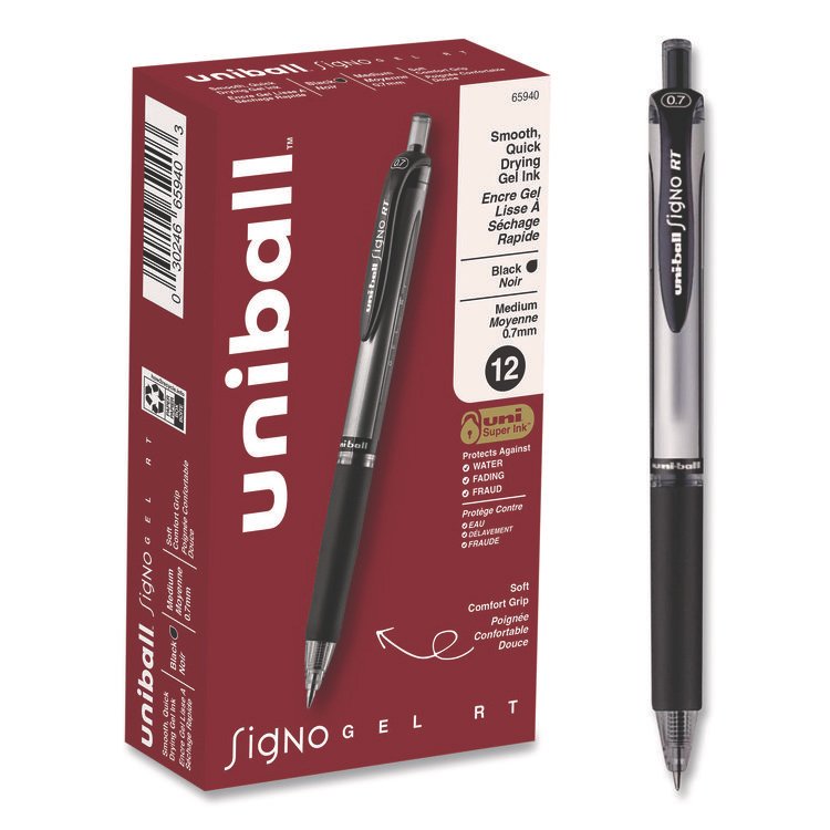 uniball Signo Gel Pen, Retractable, Medium 0.7 mm, Black Ink, Silver/Black Barrel, Dozen (UBC65940)