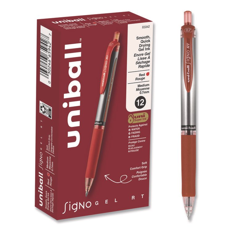 uniball Signo Gel Pen, Retractable, Medium 0.7 mm, Red Ink, Silver/Red Barrel, Dozen (UBC65942)