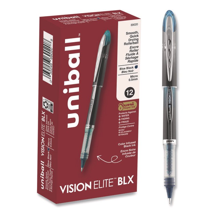 uniball VISION ELITE BLX Series Hybrid Gel Pen, Stick, Extra-Fine 0.5 mm, Blue-Infused Black Ink, Gray/Blue/Clear Barrel (UBC69020)